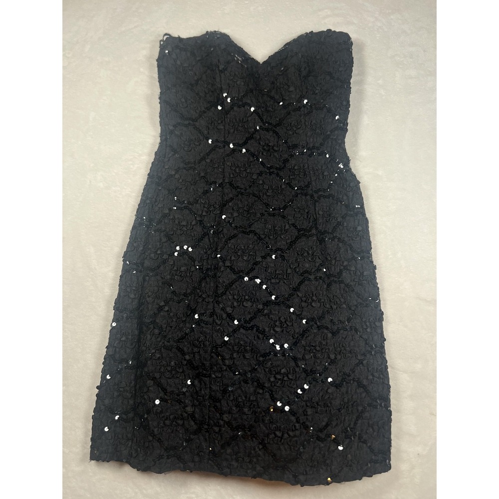 Vintage Lizette Creations Dress Womens 10 Black Lace Sequin Hi Low Bow Party 80s